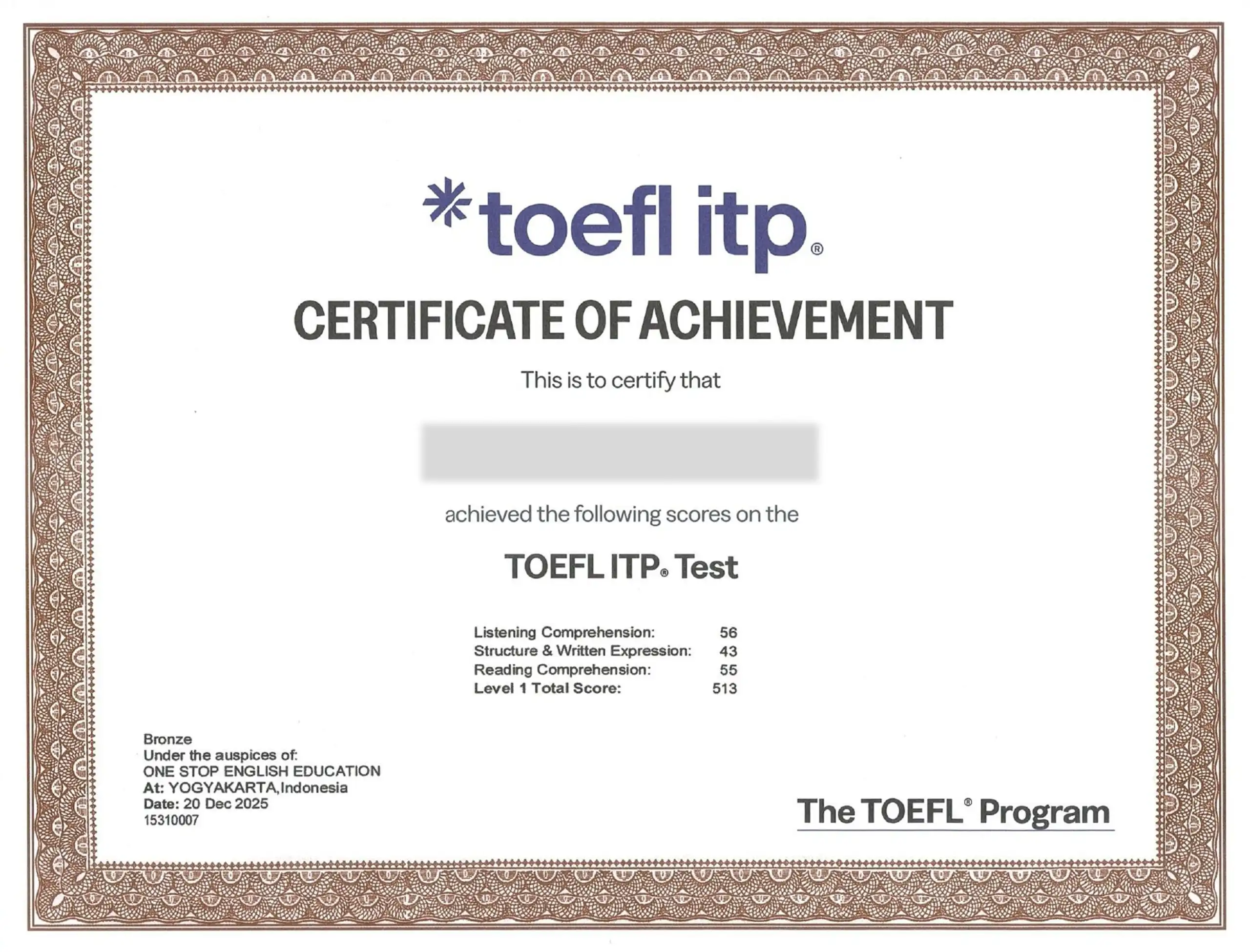 Official Score TOEFL ITP - Sertifikat Cetak